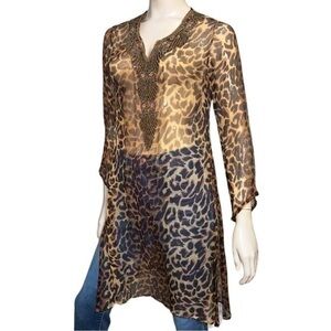 Akaru Women’s Size M Brown Black Leopard Animal Print Beaded V-Neck Cover Up